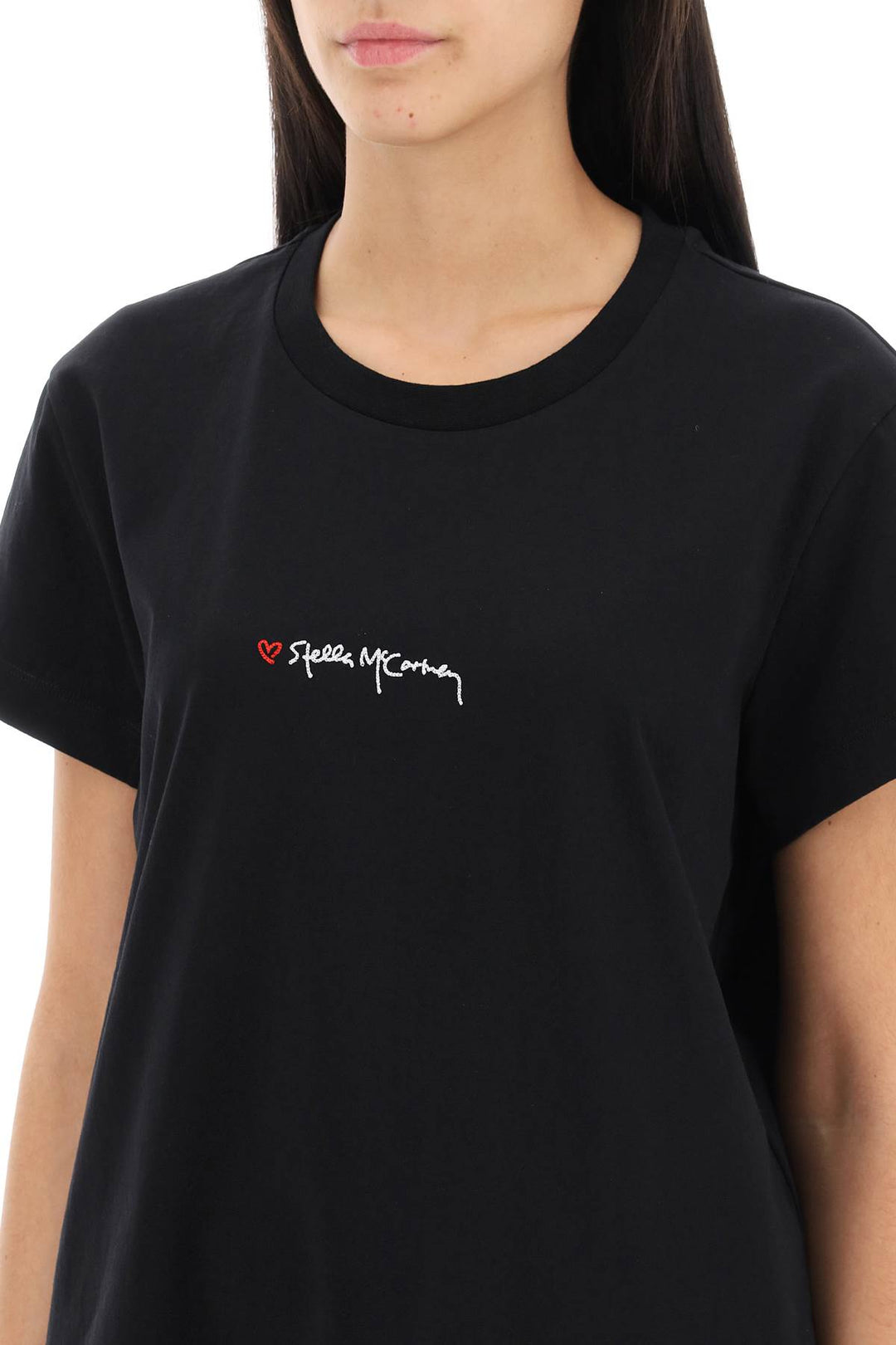 Stella Mc Cartney T Shirt With Embroidered Signature   Nero