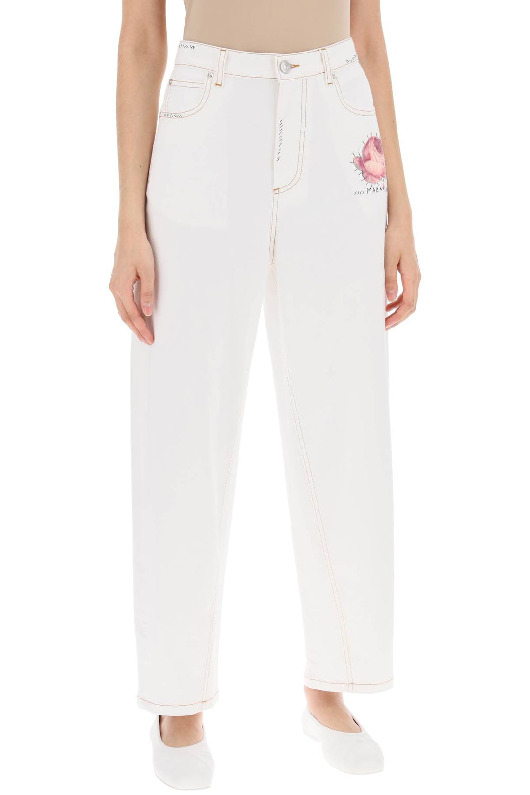 Marni Replace With Double Quotejeans With Embroidered Logo And Flower Patch   Bianco