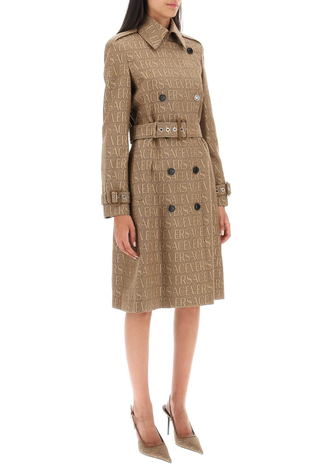 Versace 'Allover' Double Breasted Trench Coat   Beige