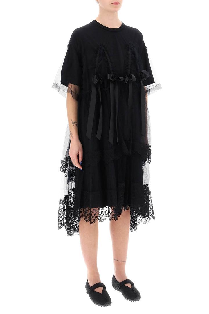Simone Rocha Midi Dress In Mesh With Lace And Bows   Nero