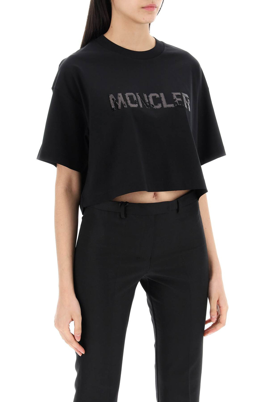 Moncler Cropped T Shirt With Sequin Logo   Nero