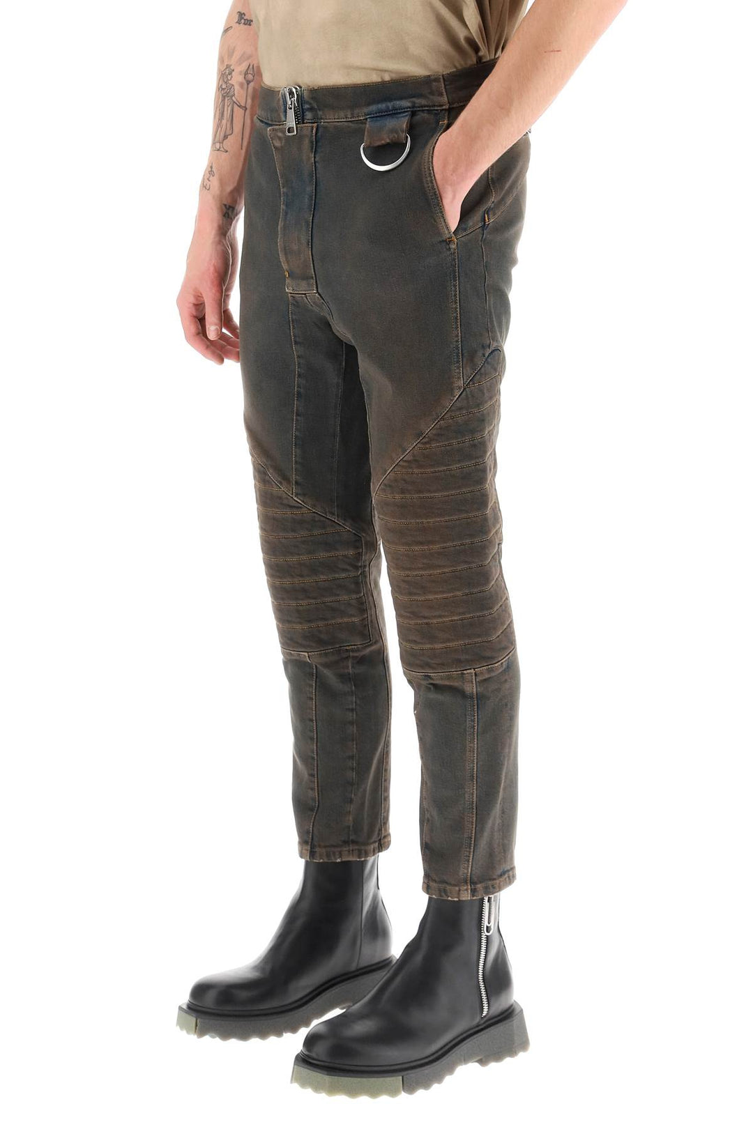 Balmain Stretch Jeans With Quilted And Padded Inserts   Marrone