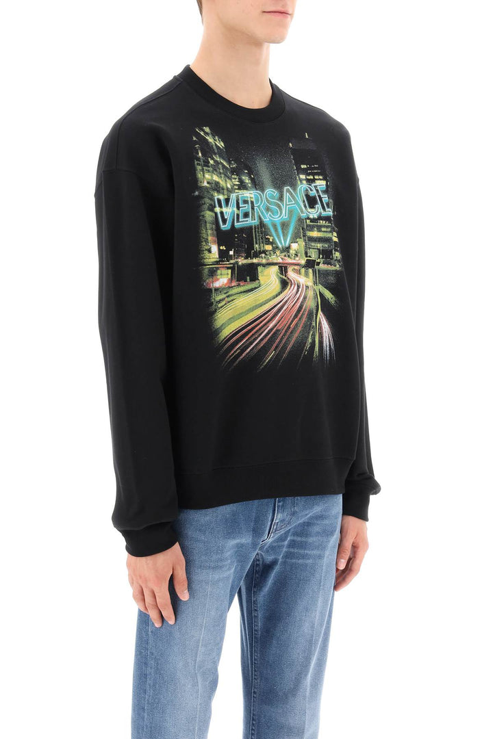 Versace Crew Neck Sweatshirt With City Lights Print   Nero