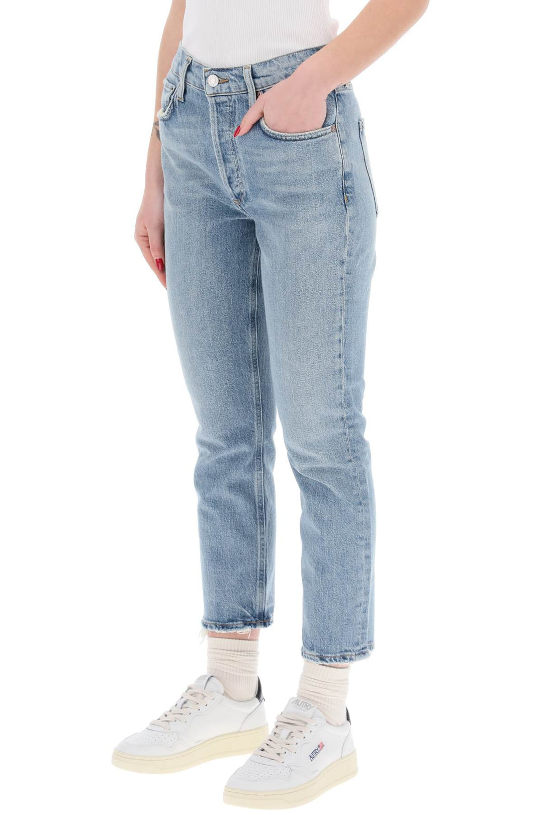 Agolde High Waisted Straight Cropped Jeans In The   Blu