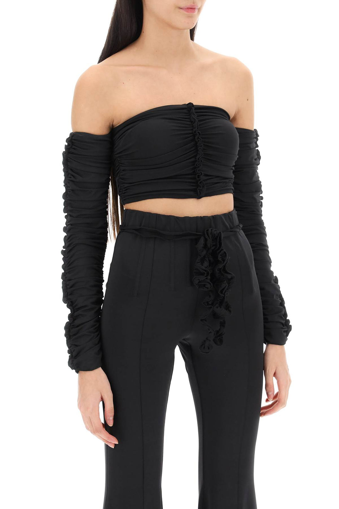 Rotate Ruched Off Shoulder Cropped Top   Nero