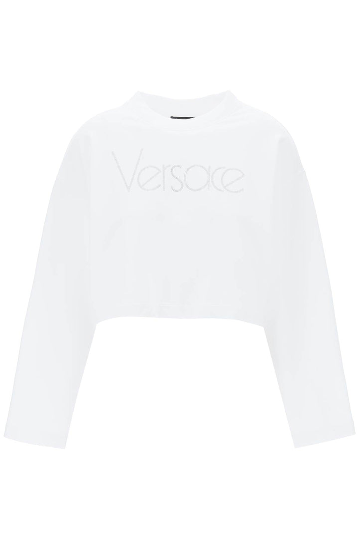 Versace Replace With Double Quotecropped Sweatshirt With Rhinestone   Bianco