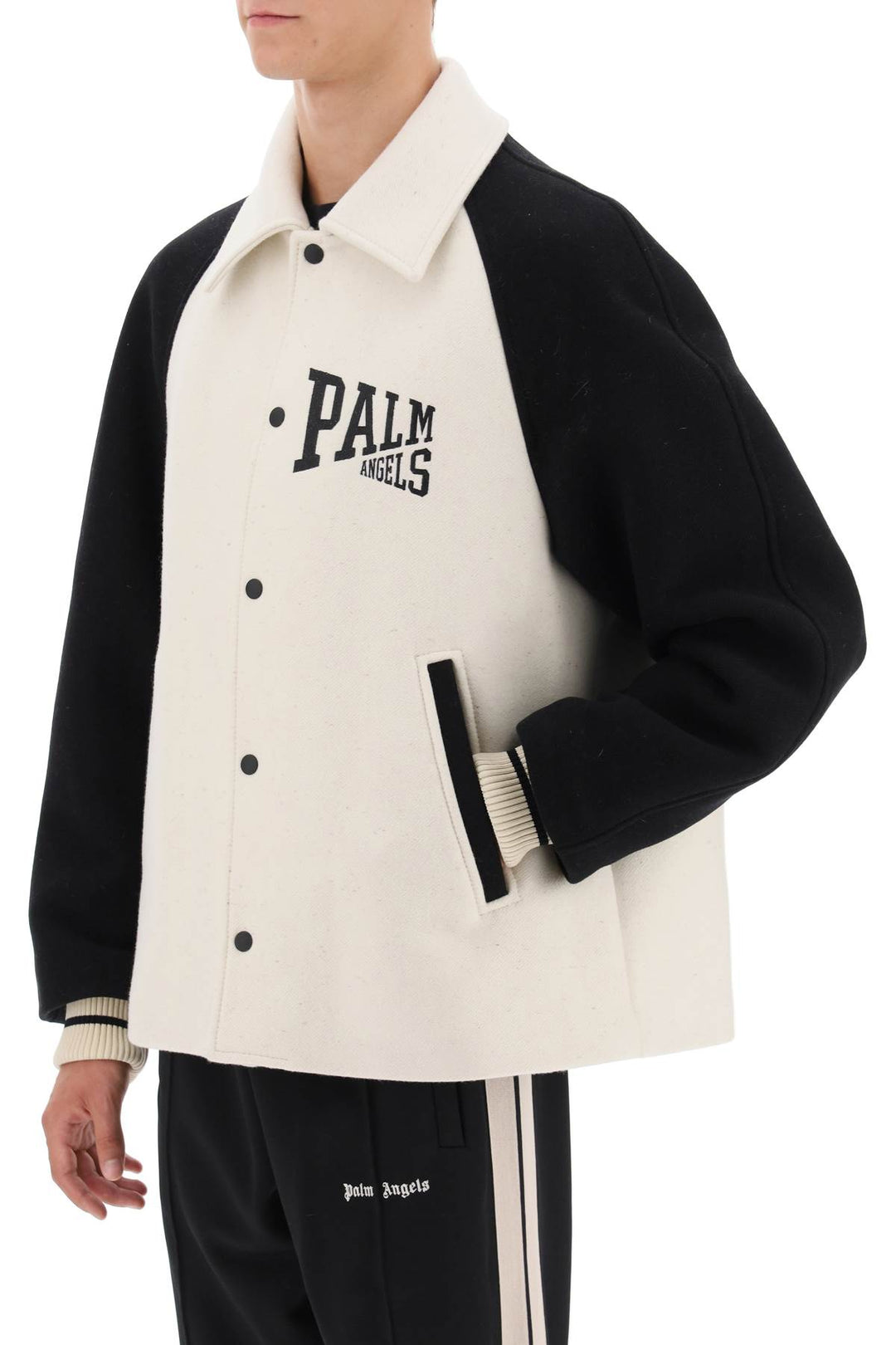 Palm Angels Wool Varsity Jacket With Embroidery   Bianco