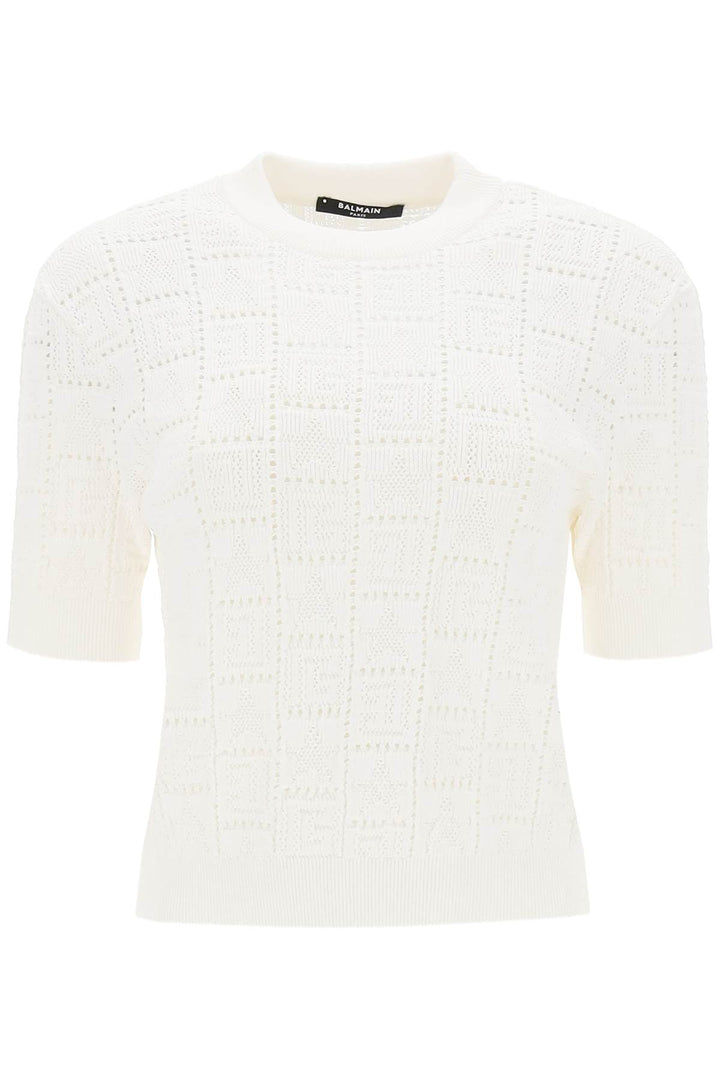 Balmain Short Sleeved Top In Monogram Knit   Bianco