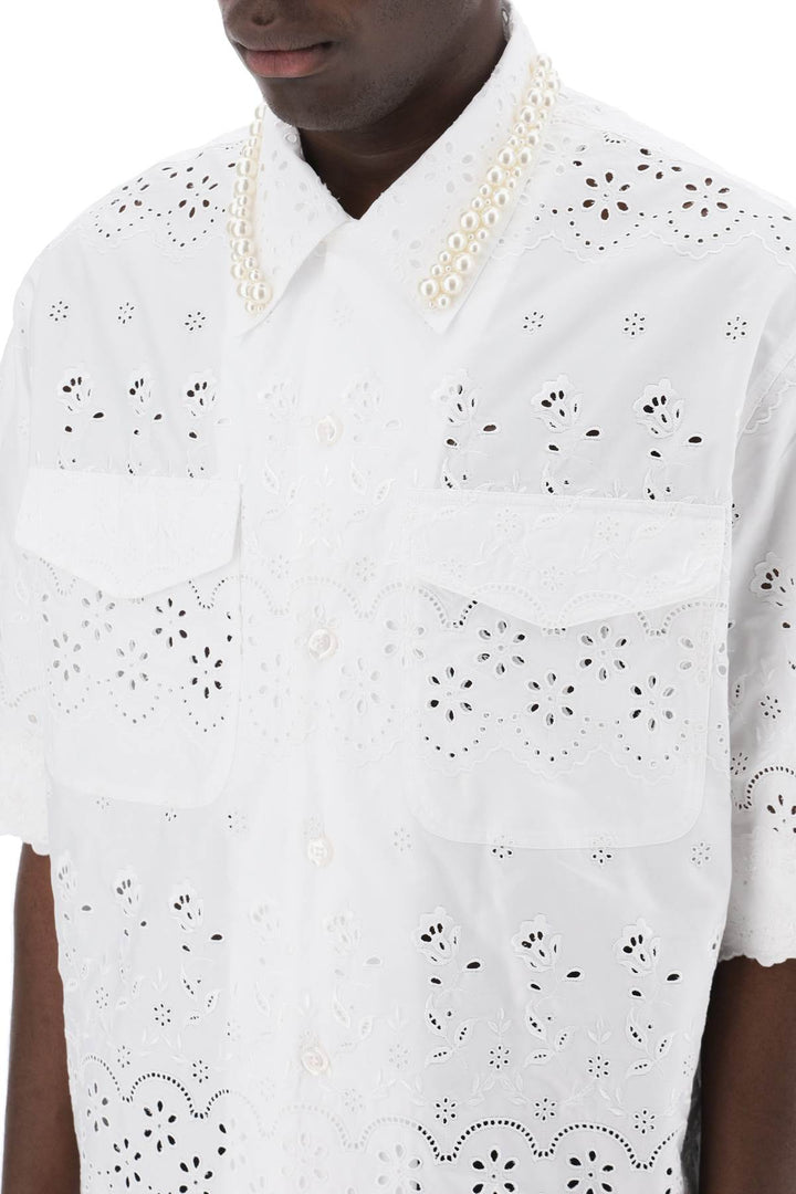 Simone Rocha Replace With Double Quotescalloped Lace Shirt With Pearl   Bianco