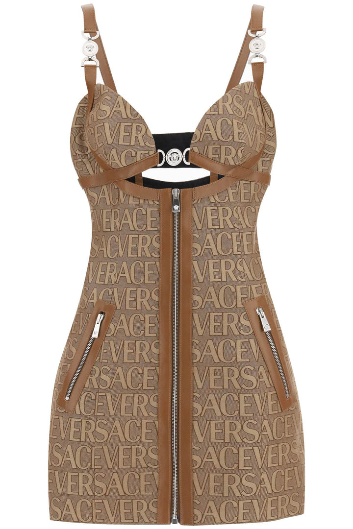 Versace Monogram Mini Dress With Leather Trims   Beige