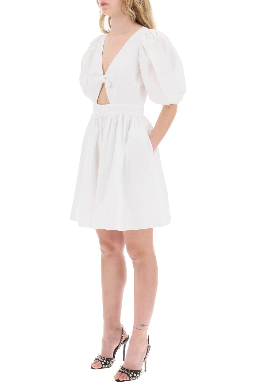 Rotate Mini Dress With Balloon Sleeves And Cut Out Details   Bianco