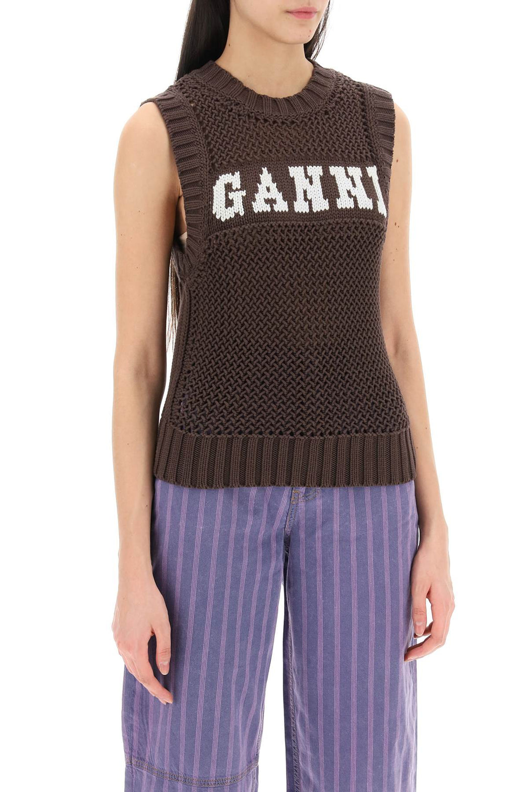 Ganni Open Stitch Knitted Vest With Logo   Marrone
