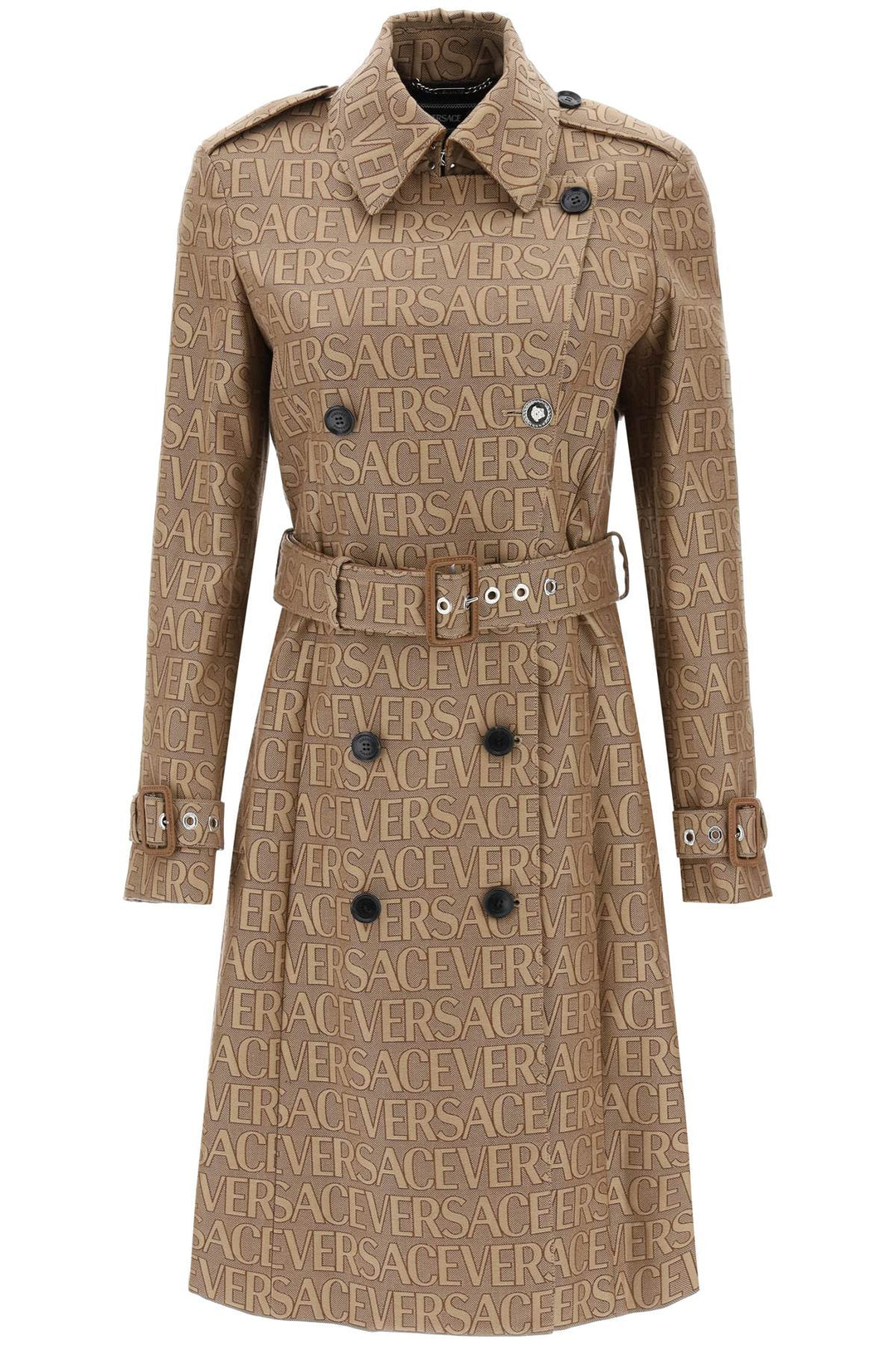 Versace 'Allover' Double Breasted Trench Coat   Beige