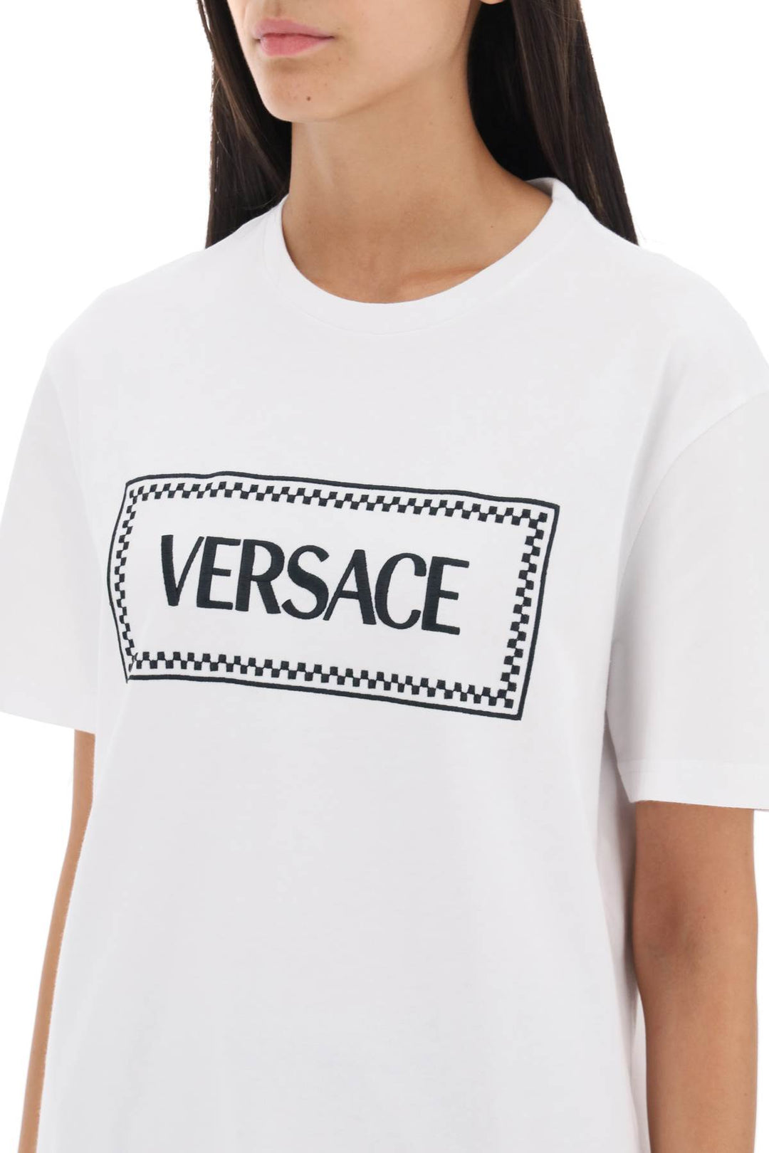 Versace T Shirt With Logo Embroidery   Bianco
