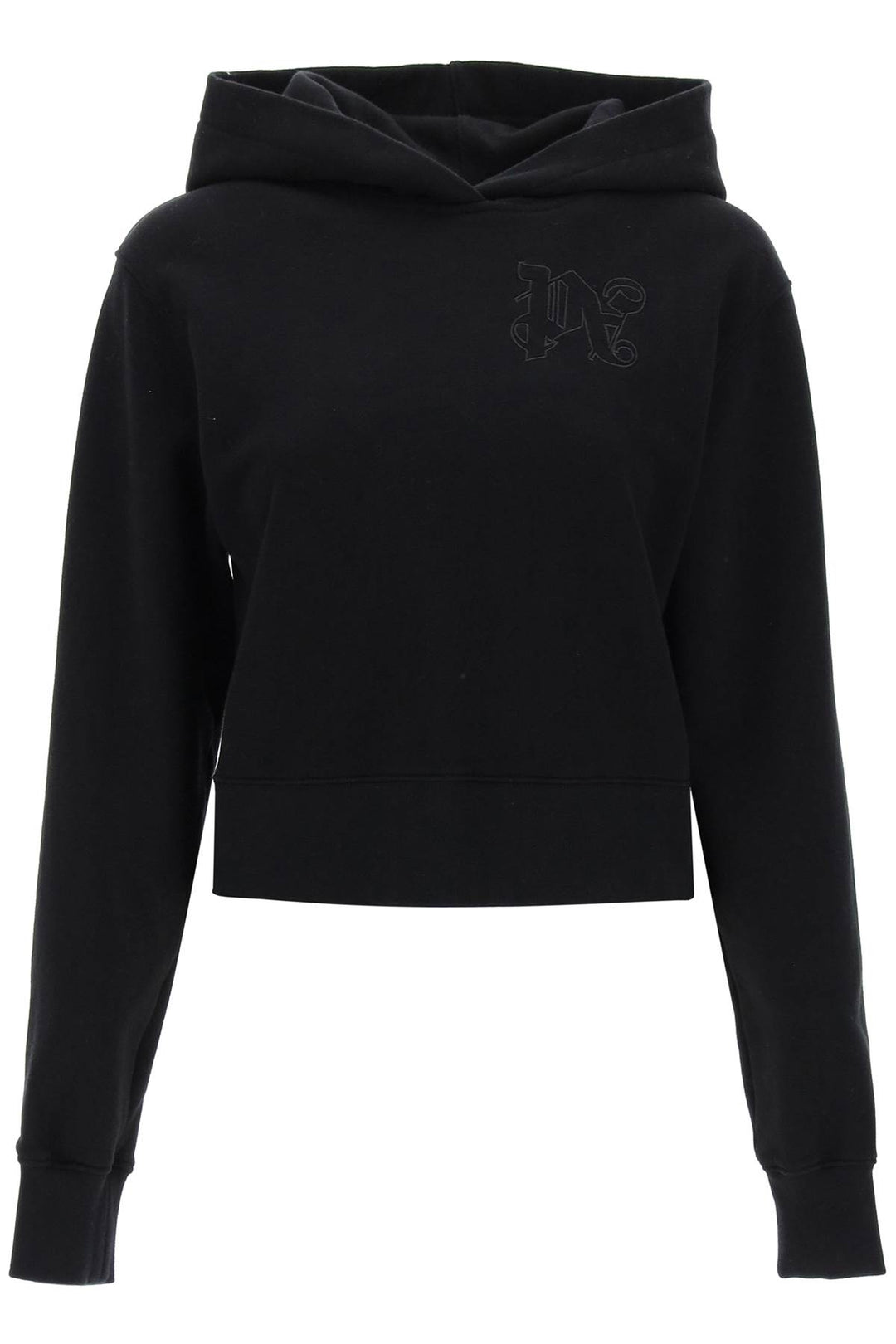 Palm Angels Cropped Hoodie With Monogram Embroidery   Nero