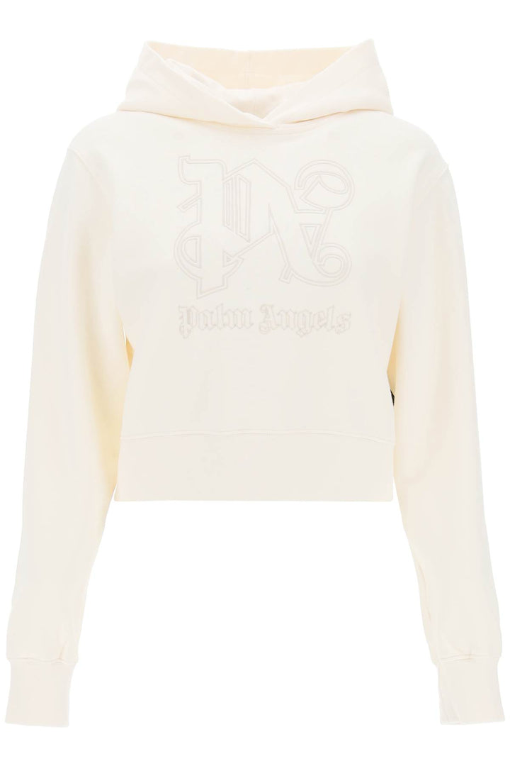 Palm Angels Cropped Hoodie With Monogram Embroidery   Bianco