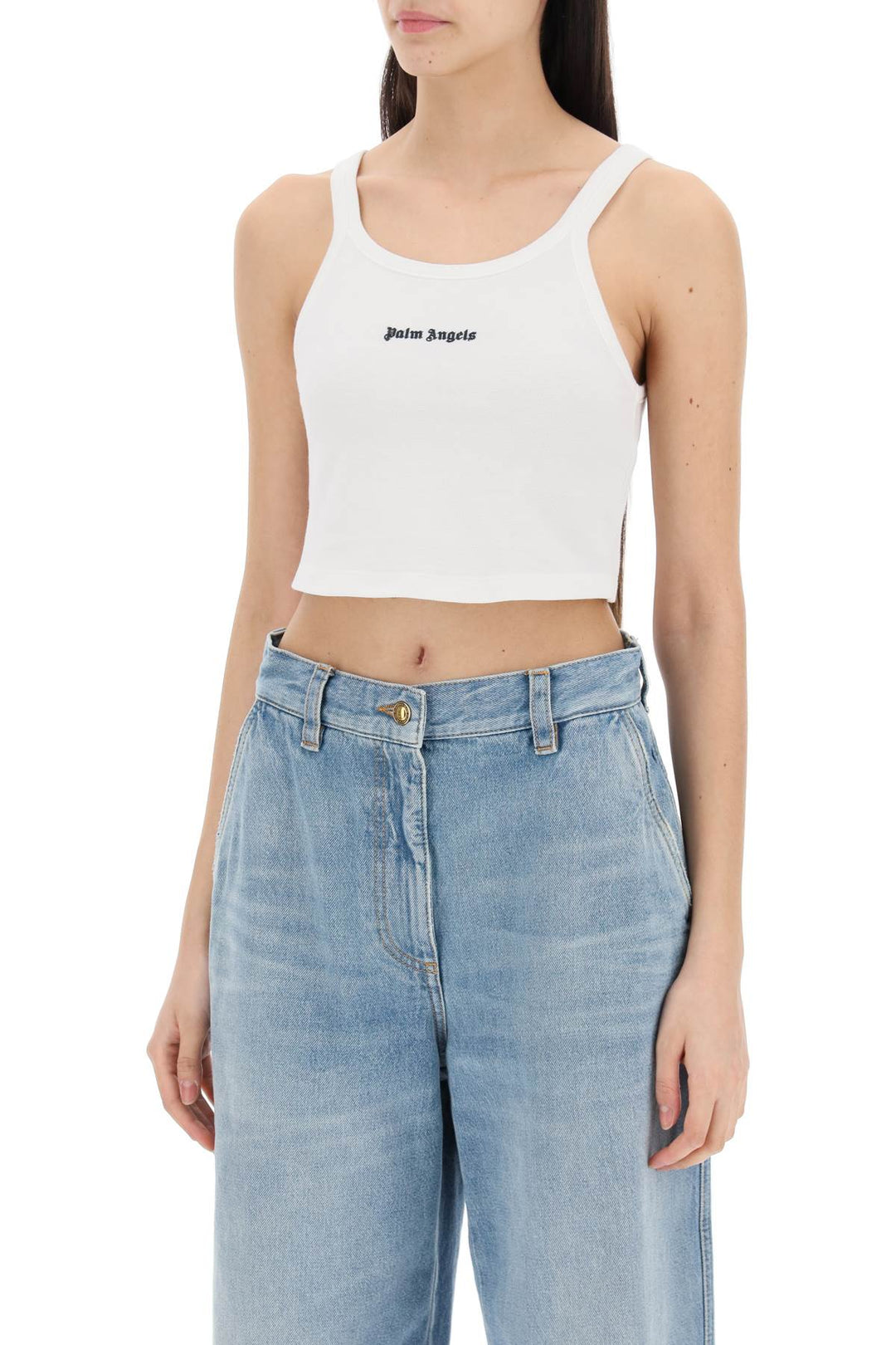 Palm Angels Embroidered Logo Crop Top With   Bianco