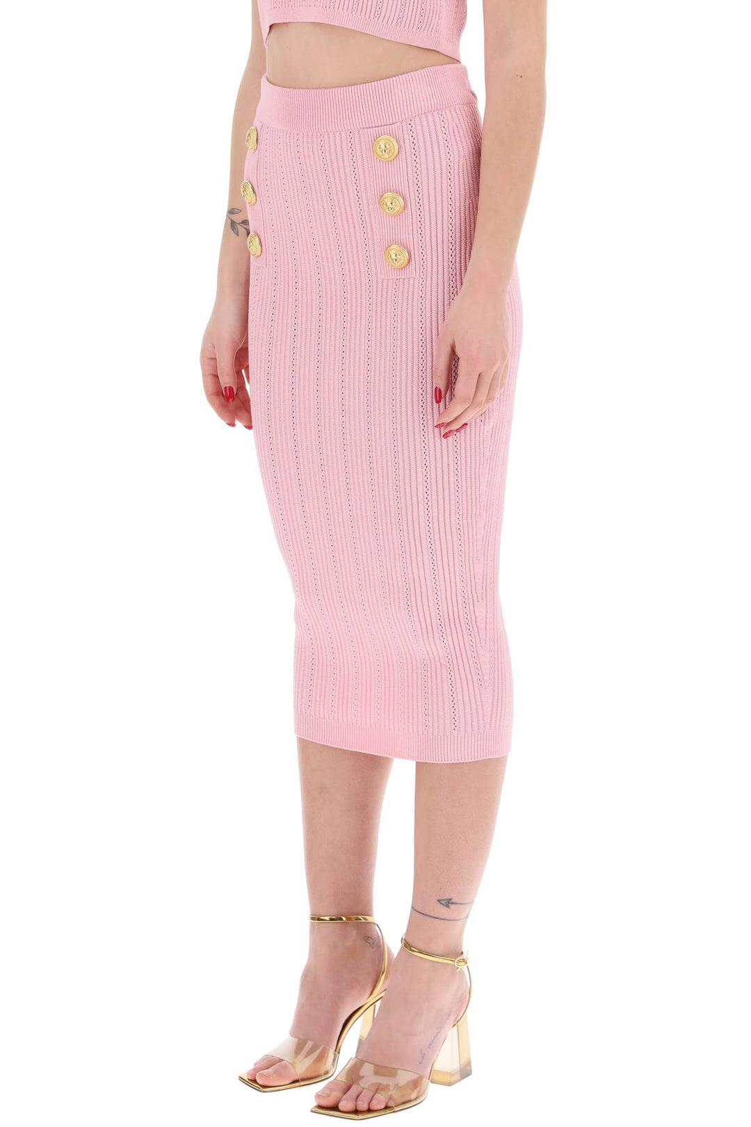 Balmain Replace With Double Quoteknitted Midi Skirt With Embossed   Rosa