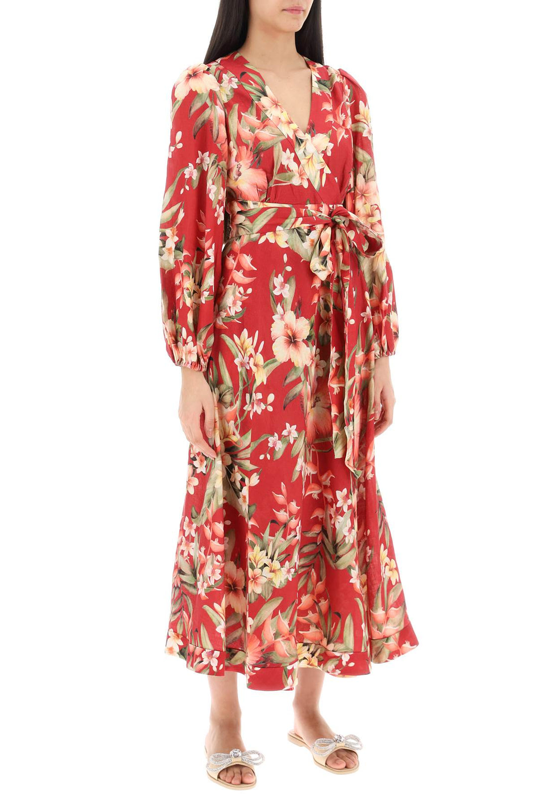 Zimmermann Lexi Wrap Dress With Floral Pattern   Rosso