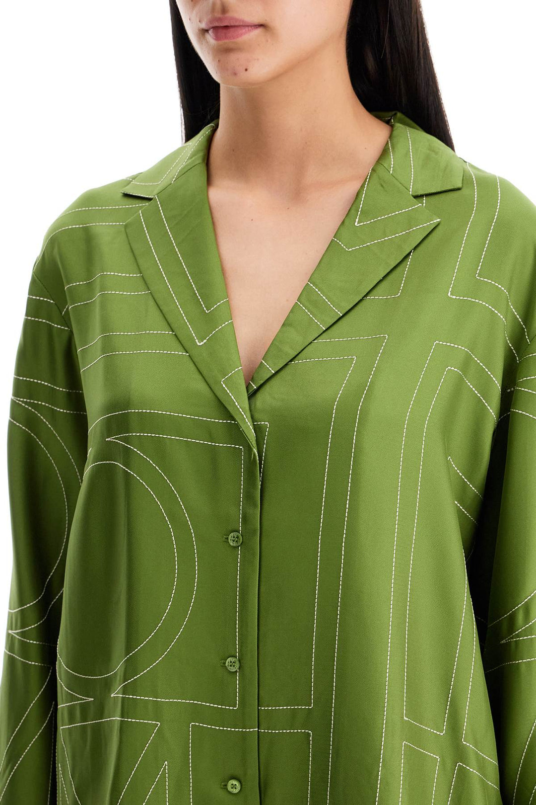 Toteme Monogram Silk Twill Pajama Shirt   Green