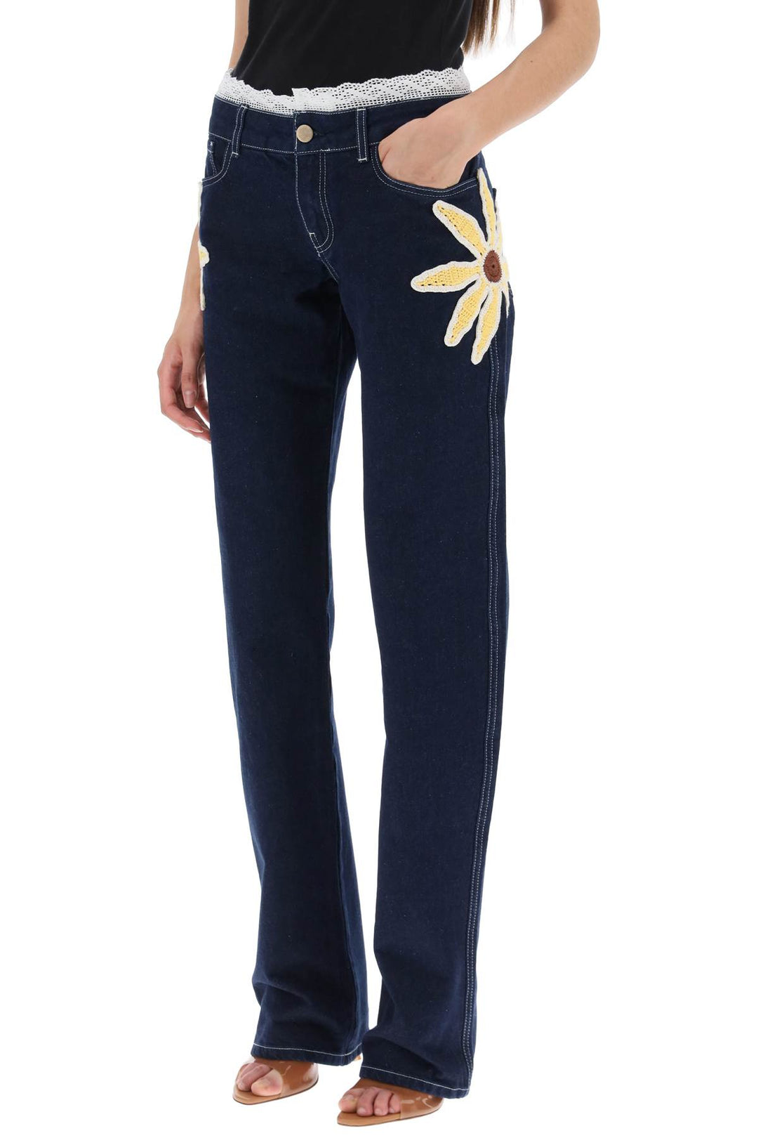 Siedres Low Rise Jeans With Crochet Flowers   Blu