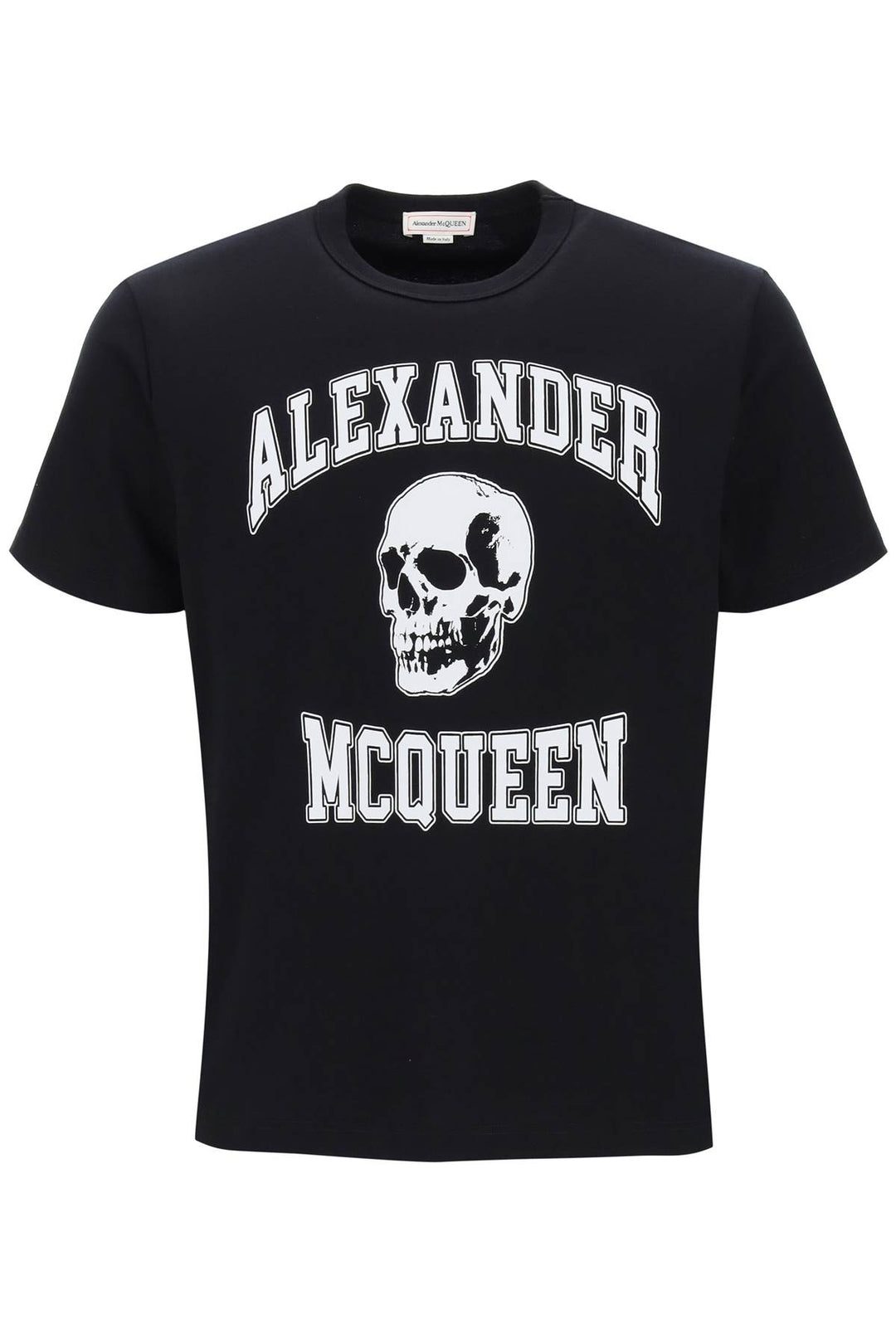 Alexander Mcqueen T Shirt With Varsity Logo And Skull Print   Nero