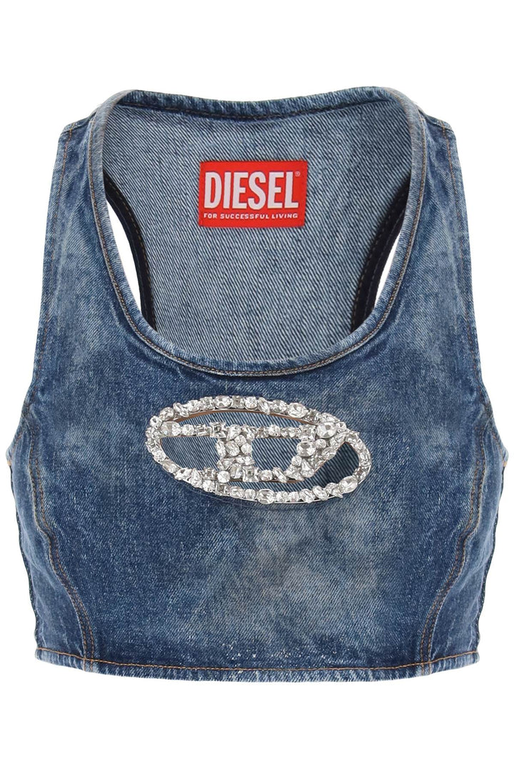 Diesel Denim Crop Top With Jewel Buckle   Blue