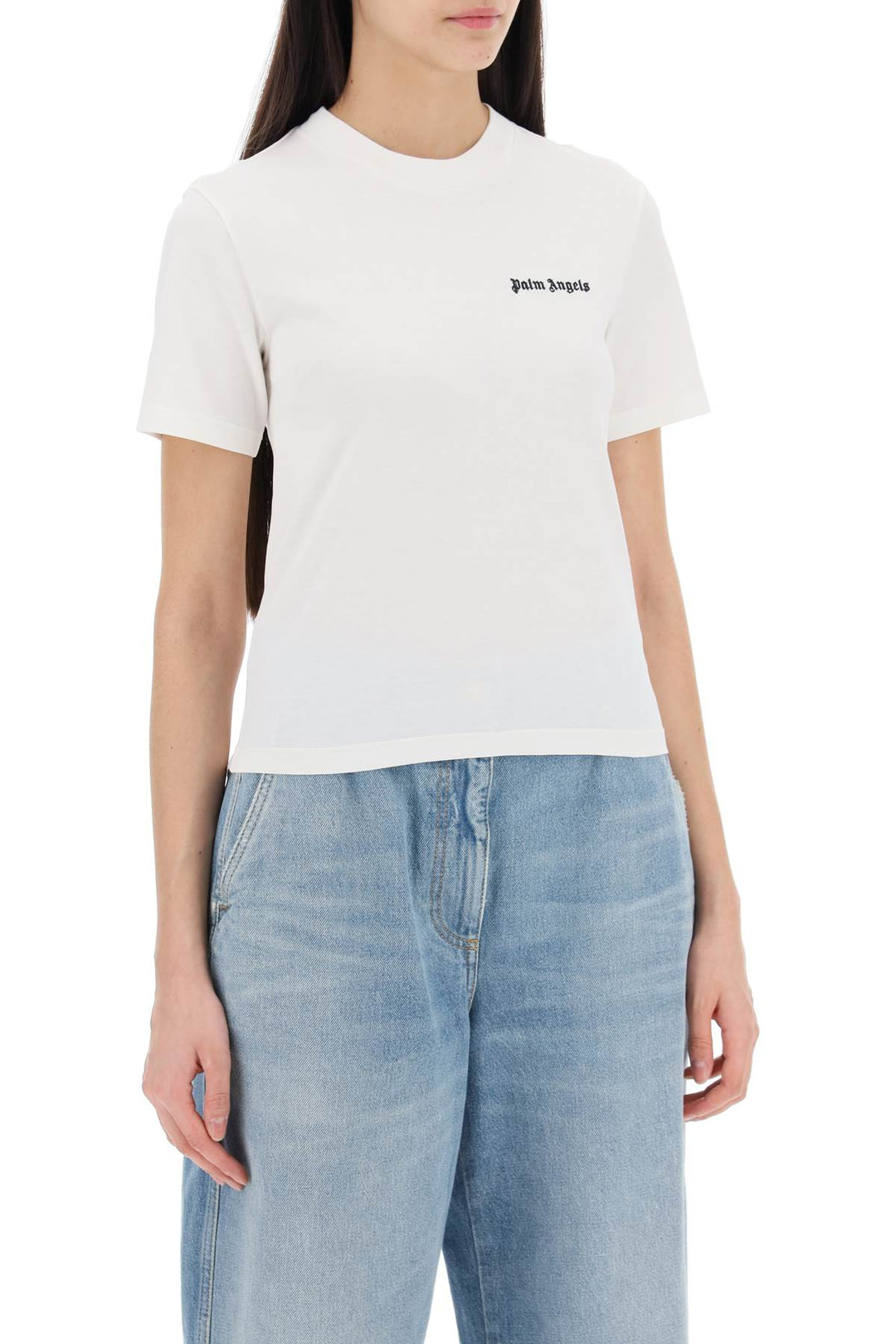 Palm Angels Replace With Double Quoteround Neck T Shirt With Embroidered   Bianco