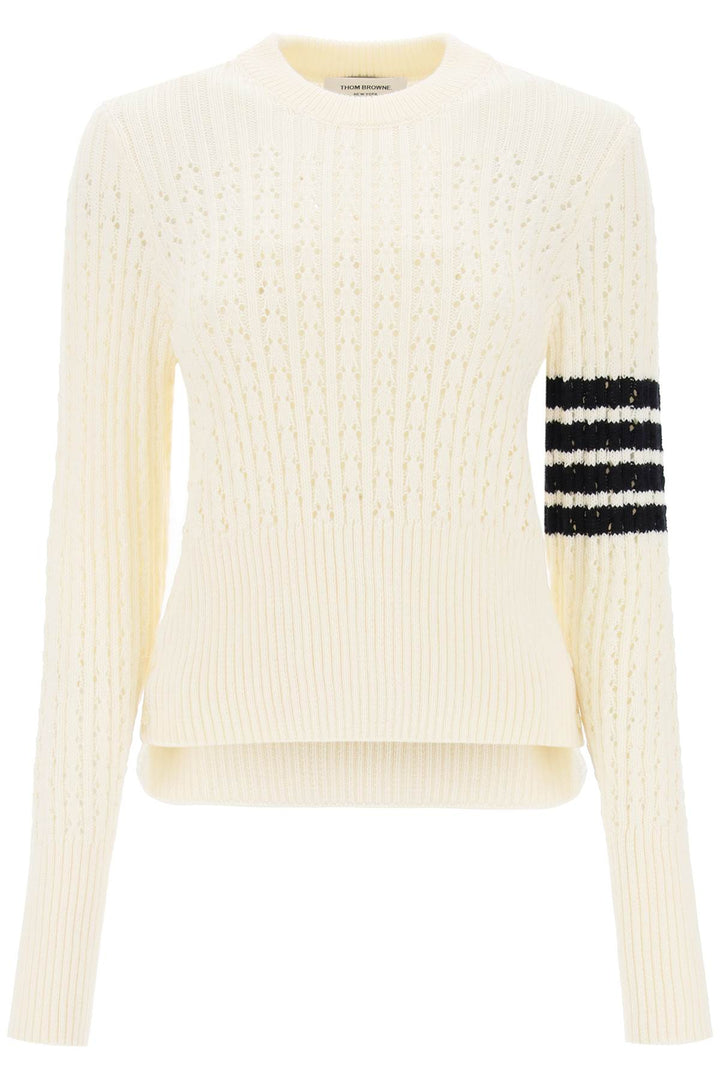 Thom Browne Pointelle Stitch Merino Wool 4 Bar Sweater   Bianco