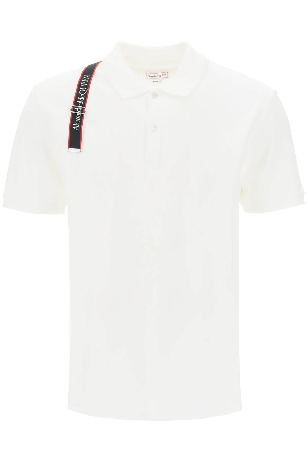 Alexander Mcqueen Harness Polo Shirt In Piqué With Selvedge Logo   Bianco
