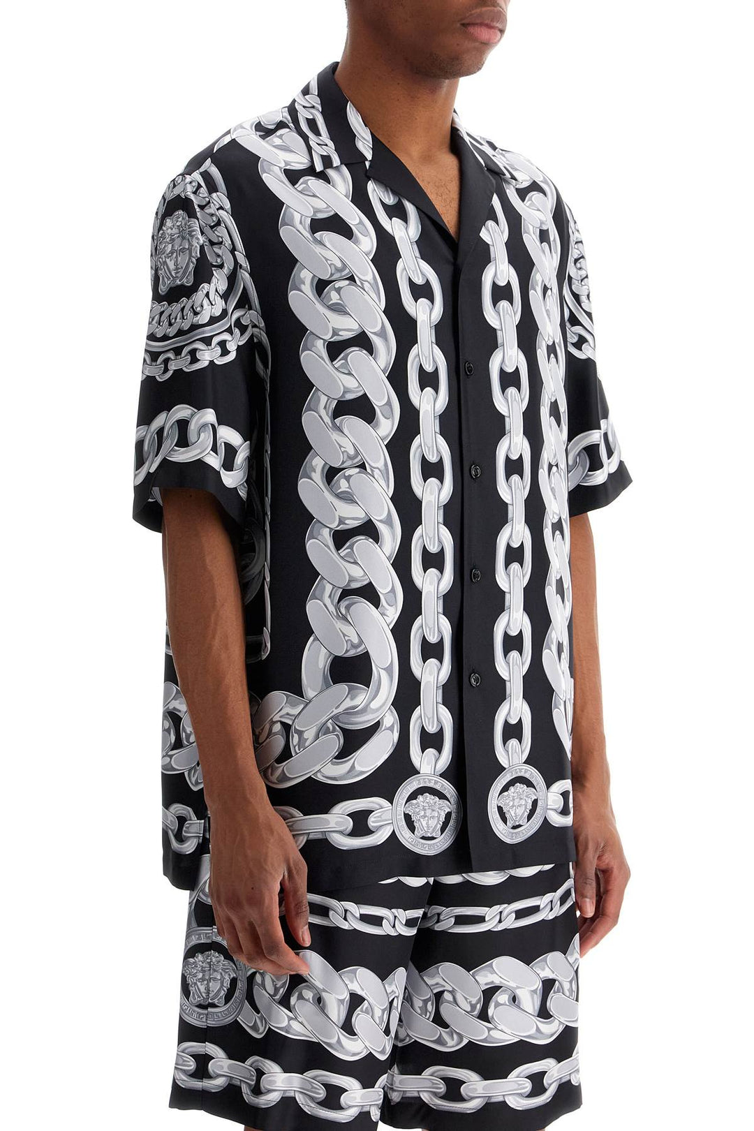 Versace printed silk medusa chains bowling shirt