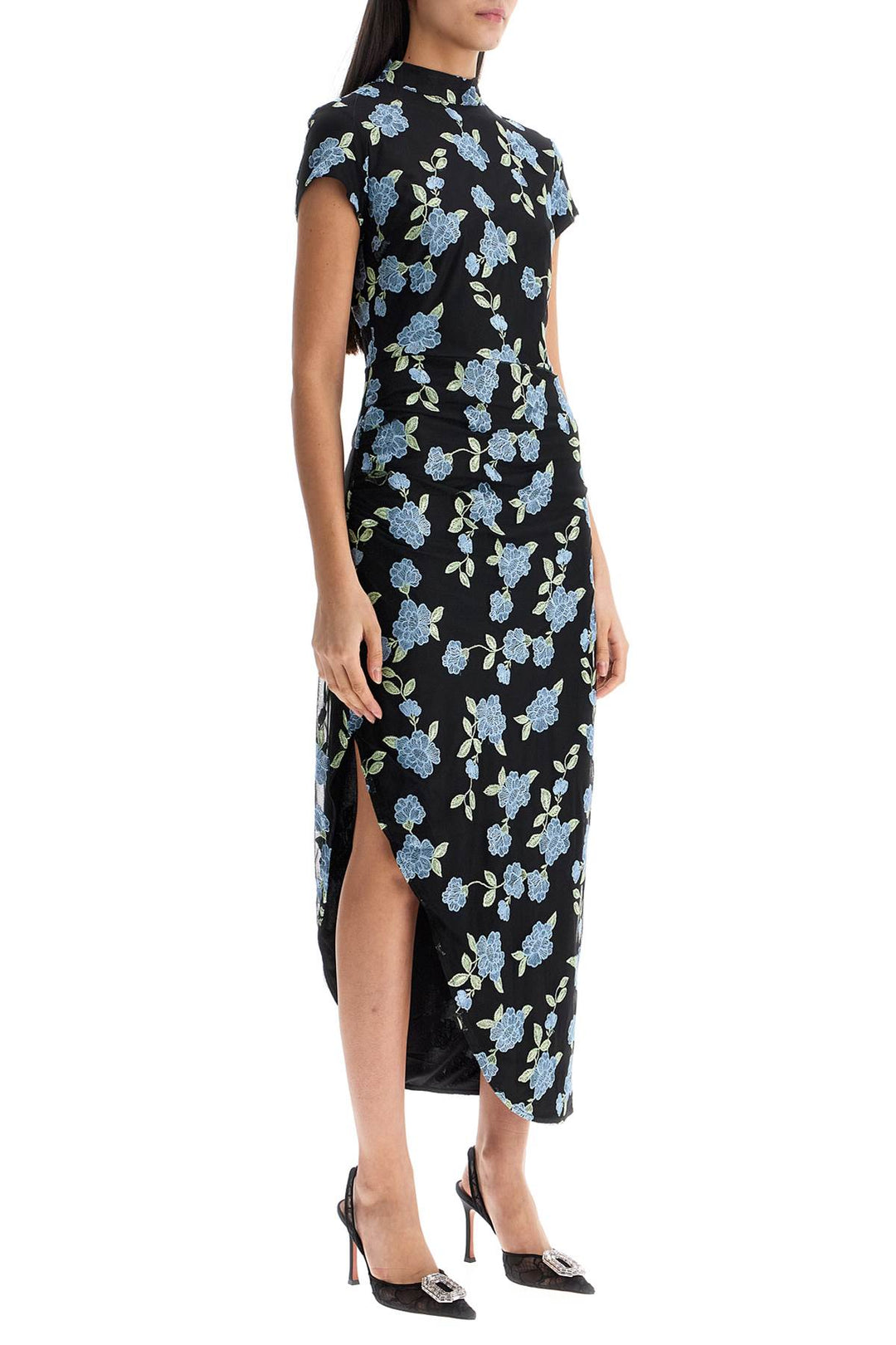 Rotate asymmetrical floral mesh midi dress