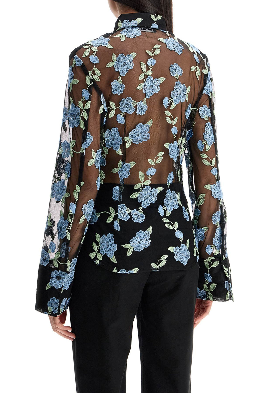 Rotate mesh shirt with floral embroidery