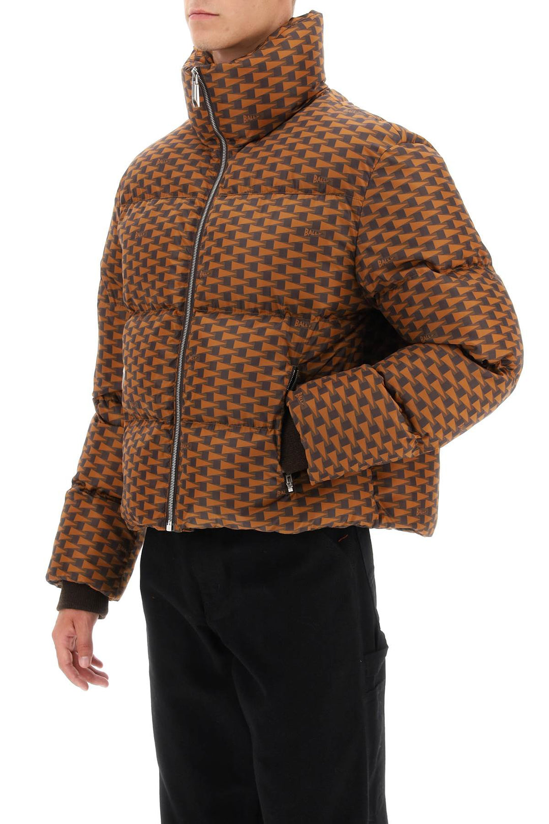 Bally Short Puffer Jacket With Pennant Motif   Marrone