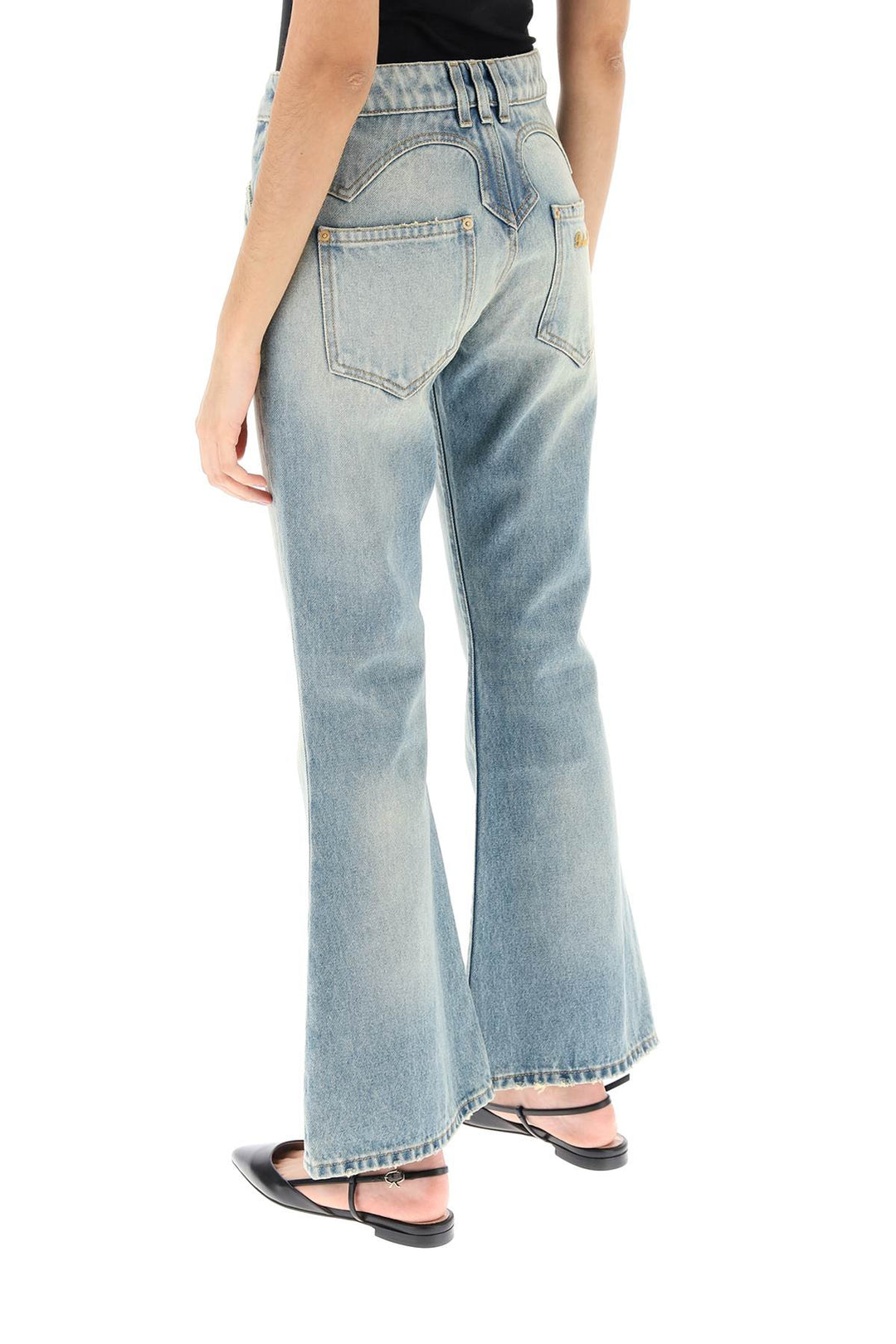 Balmain Western Style Crop Bootcut Jeans   Celeste