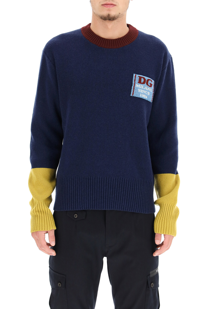 Dolce & Gabbana Wool Sweater With Logo Patch   Blue
