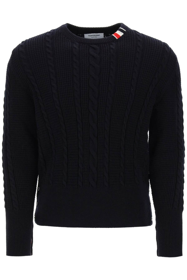 Thom Browne Cable Wool Sweater With Rwb Detail   Blue
