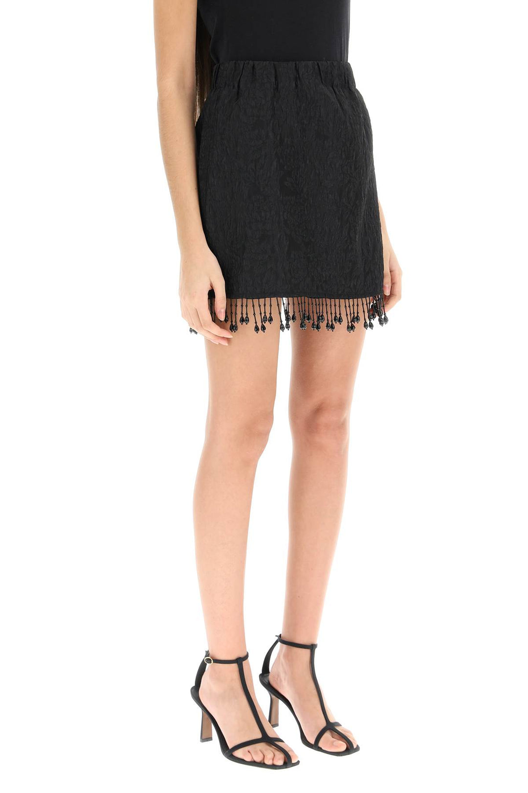 Ganni Jacquard Mini Skirt With Bead Fringes   Nero