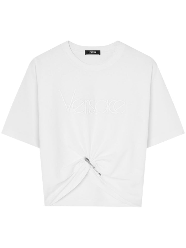 Versace White Cropped T-shirt with Pin