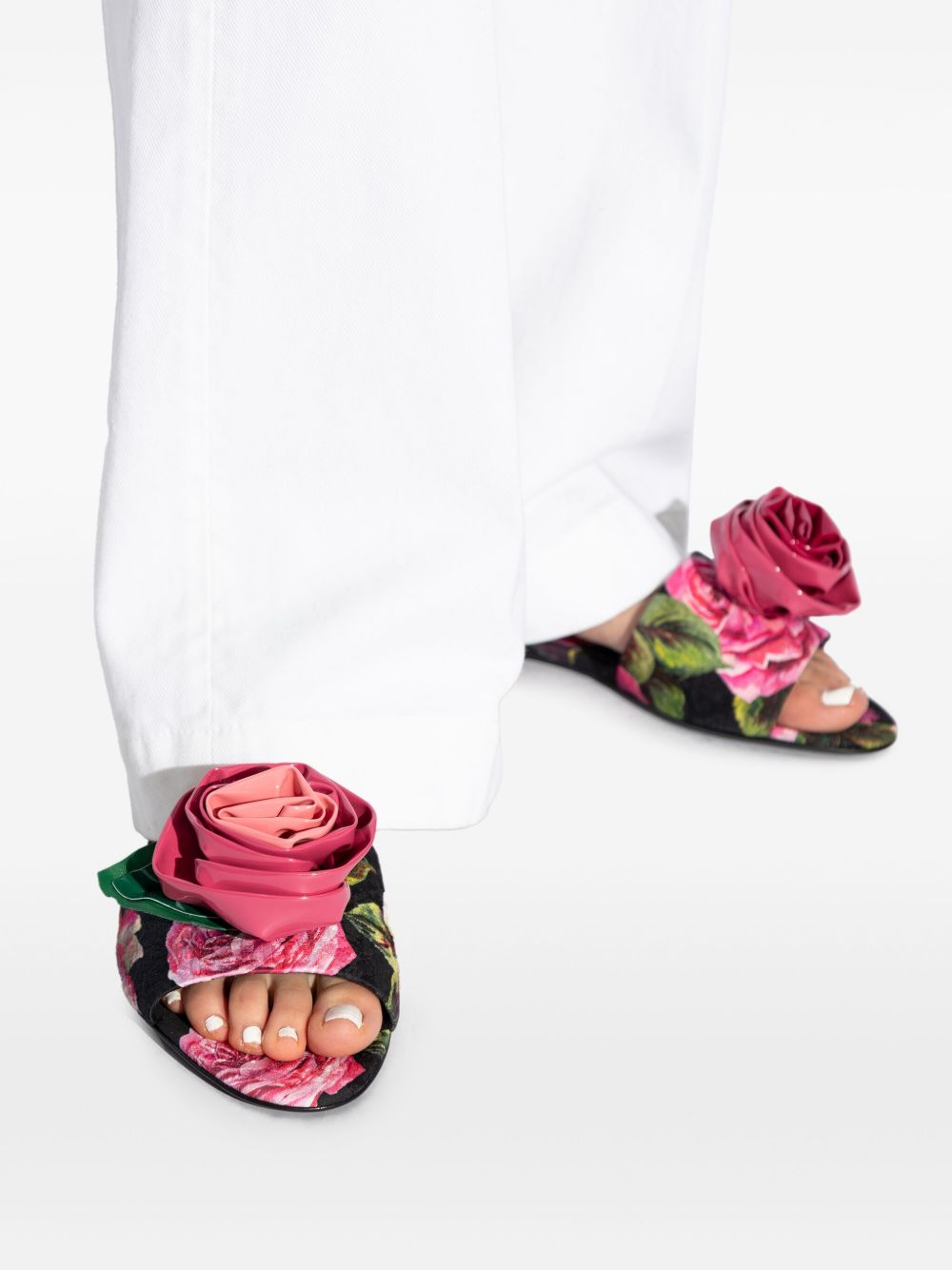 Dolce & Gabbana Rose-Print Slides with Floral Appliqué