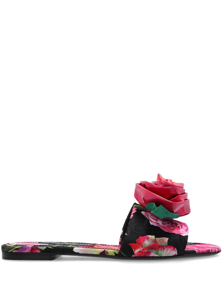 Dolce & Gabbana Rose-Print Slides with Floral Appliqué