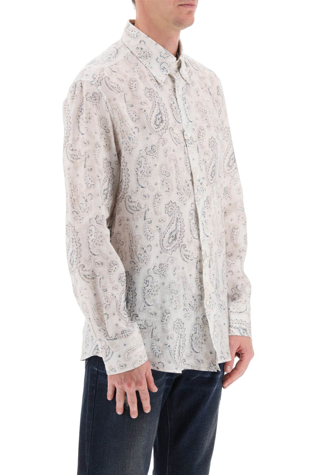 Brunello Cucinelli Linen Shirt With Paisley Pattern   Bianco
