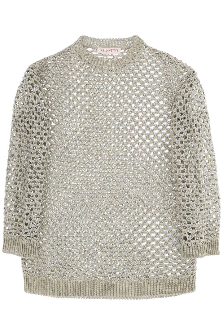 Valentino Garavani Replace With Double Quotemesh Knit Pullover With Sequins Embell   Verde