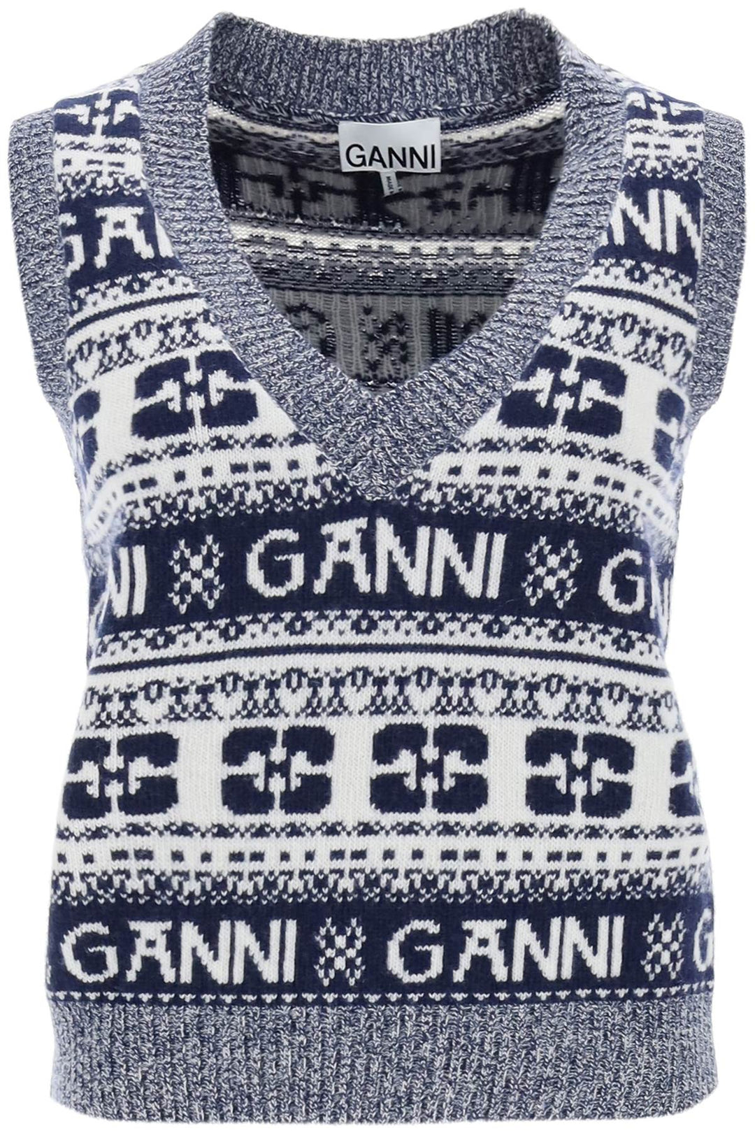Ganni Jacquard Wool Vest With Logo Pattern   Bianco