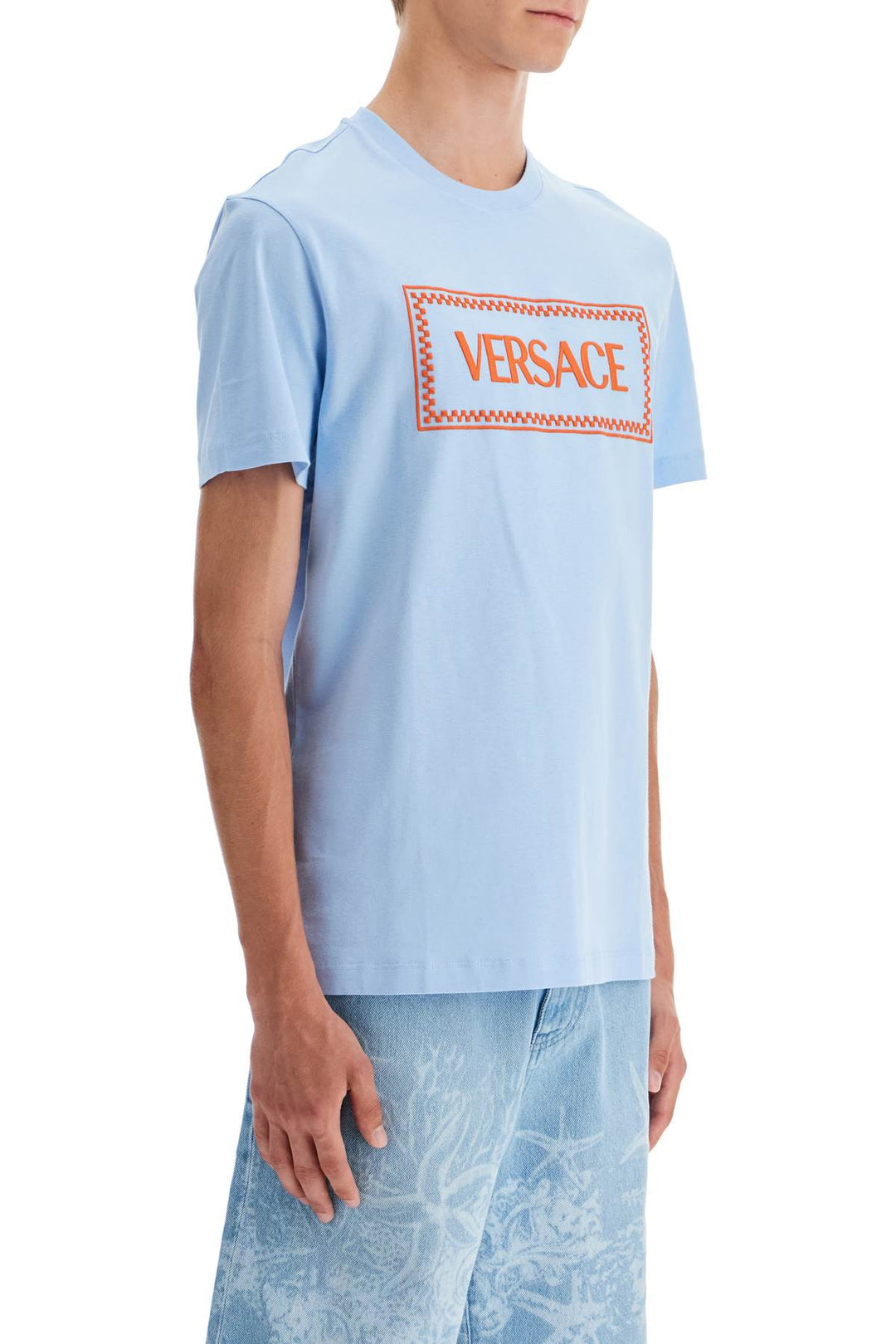 Versace Embroidered Logo T Shirt   Light Blue