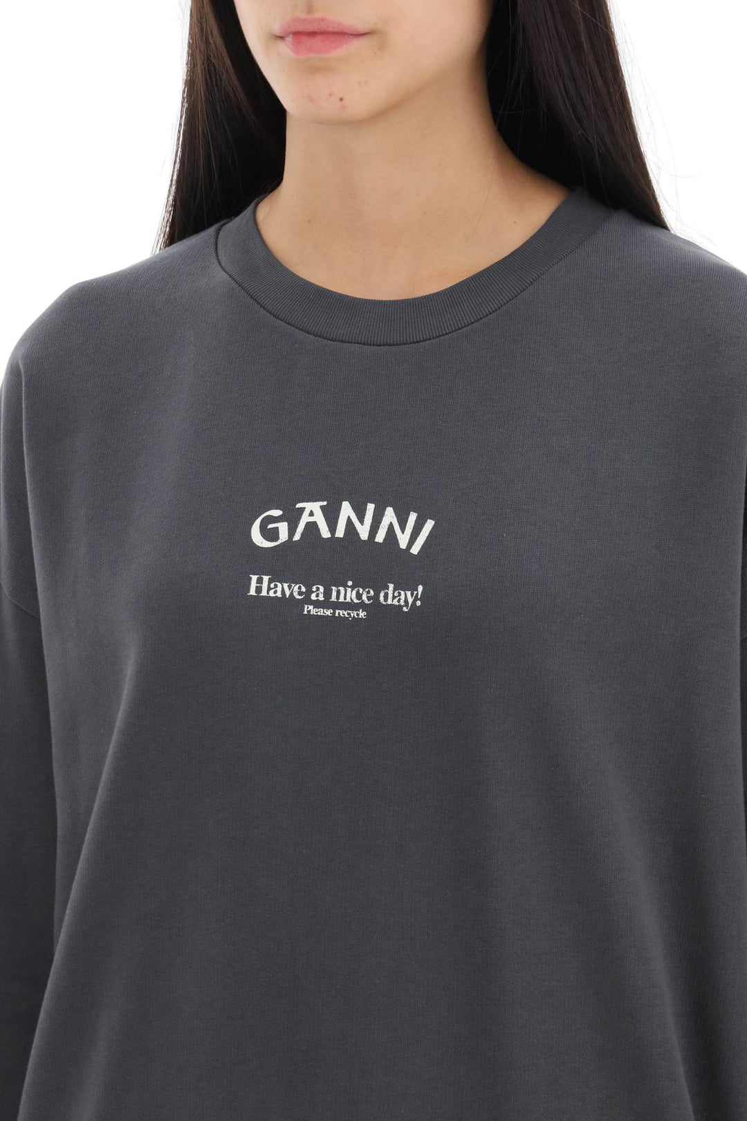 Ganni Oversized Sweatshirt With Logo Print   Grigio