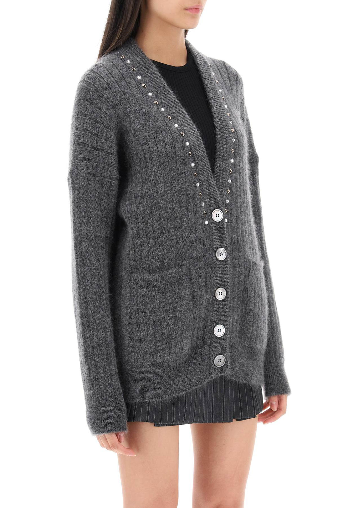 Alessandra Rich Cardigan With Studs And Crystals   Grigio