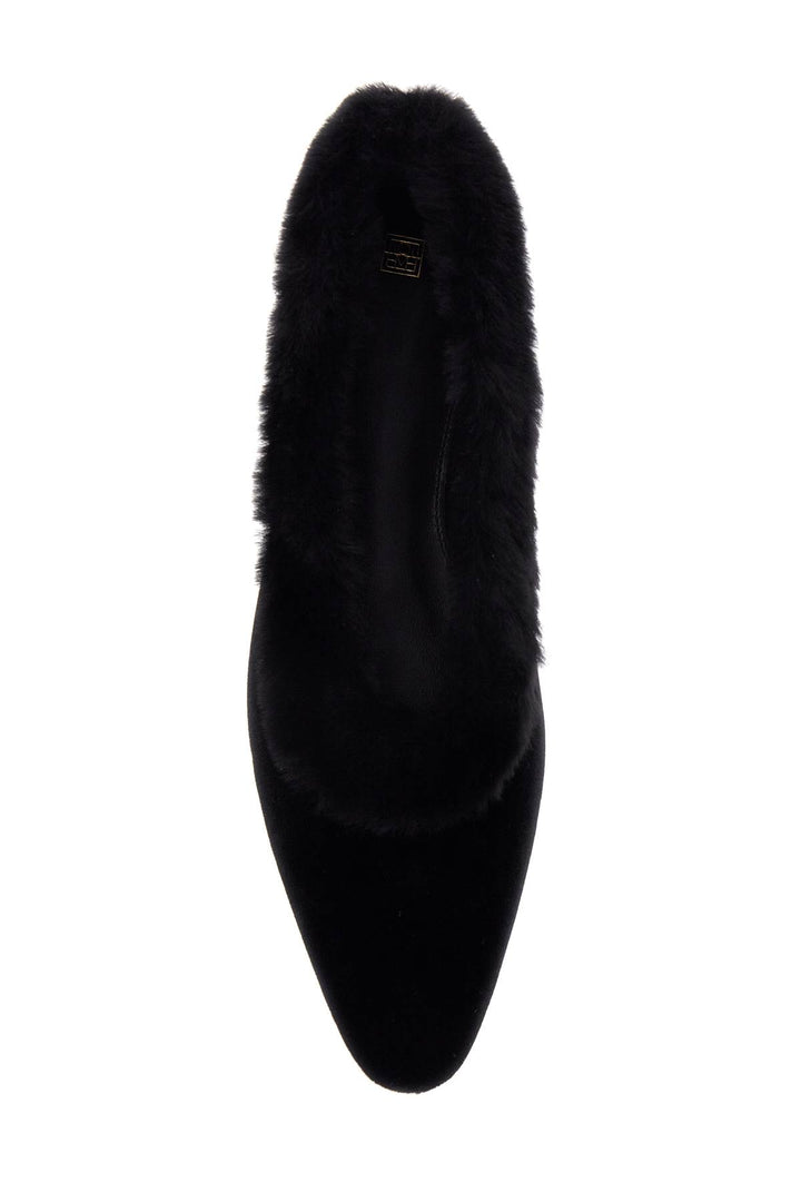 Toteme black velvet ballerinas with shearling trim