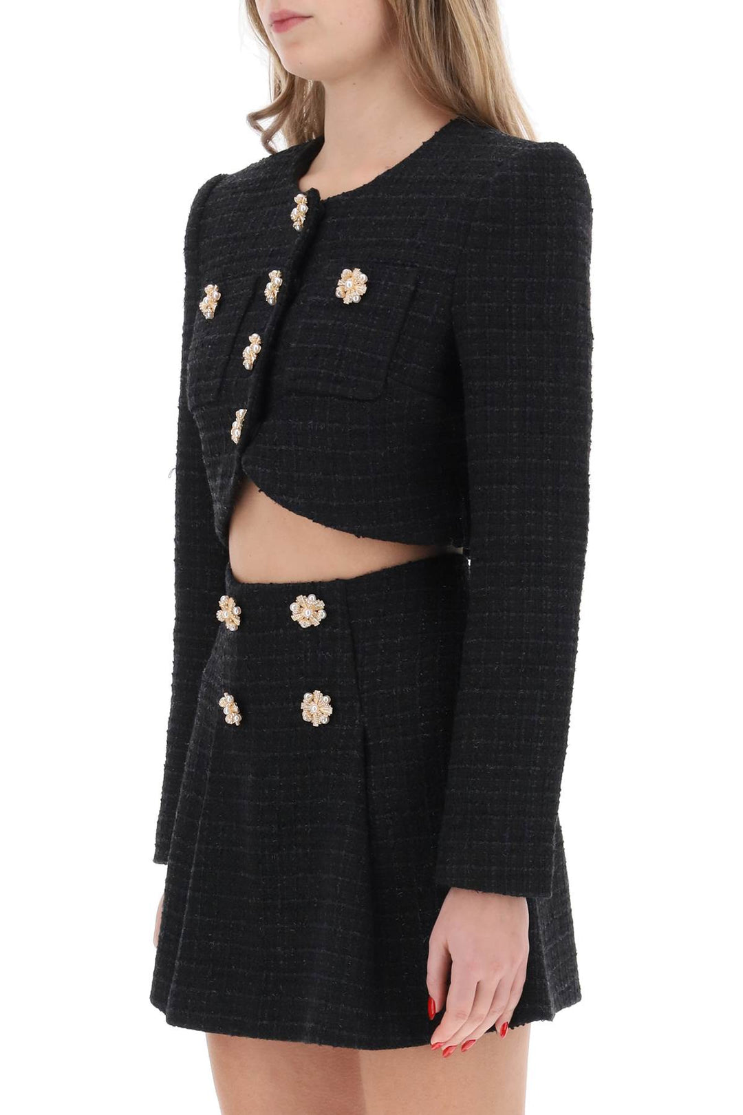 Self Portrait Tweed Cropped Jacket With Diamanté Buttons   Blu