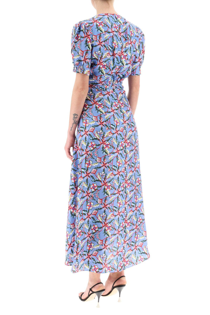 Saloni 'Lea' Long Dress In Printed Silk   Celeste
